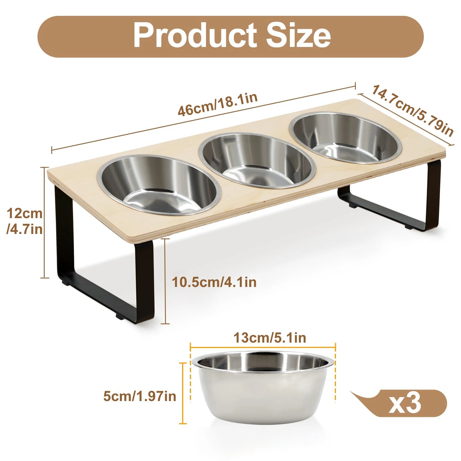 Elevated Cat Bowls with 3 Stainless Steel Bowls 15° Tilted Anti-Vomiting Raised Cat Food Bowl for Small Cats Puppies Accessories
