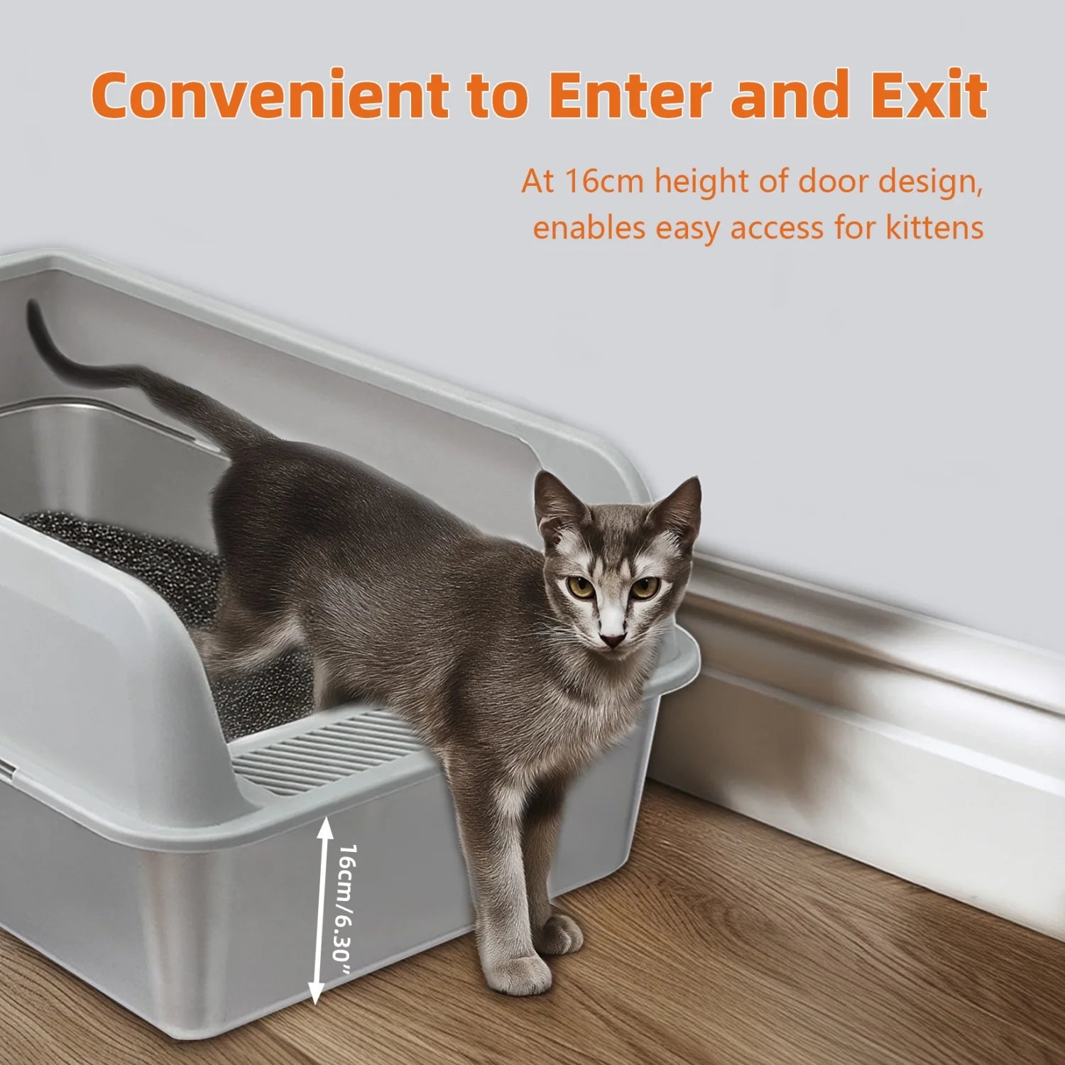 Large High-Sided Stainless Steel Cat Litter Box with Spoon for Small to Medium Sized Kittens Open Cats Litter Pan Easy Clean