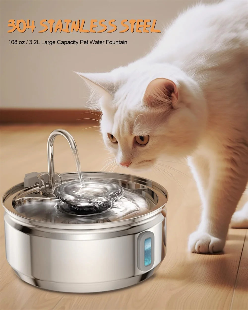 3.2L Cat Automatic Water Dispenser Smart Cat Fountain Pet Auto Water Feeder with Visible Window Dog Stainless Steel Water Bowl