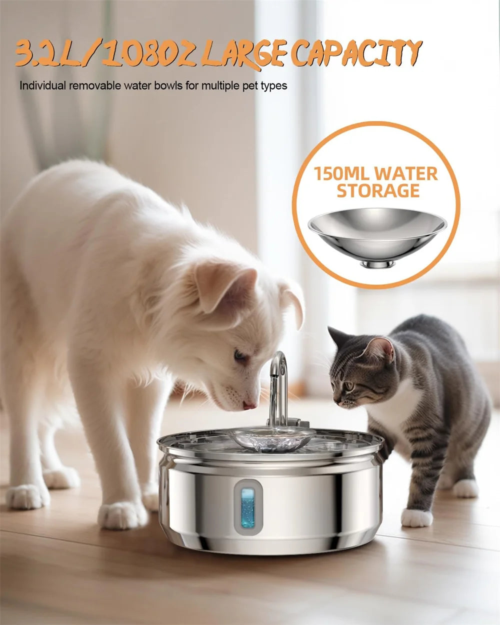 3.2L Cat Automatic Water Dispenser Smart Cat Fountain Pet Auto Water Feeder with Visible Window Dog Stainless Steel Water Bowl
