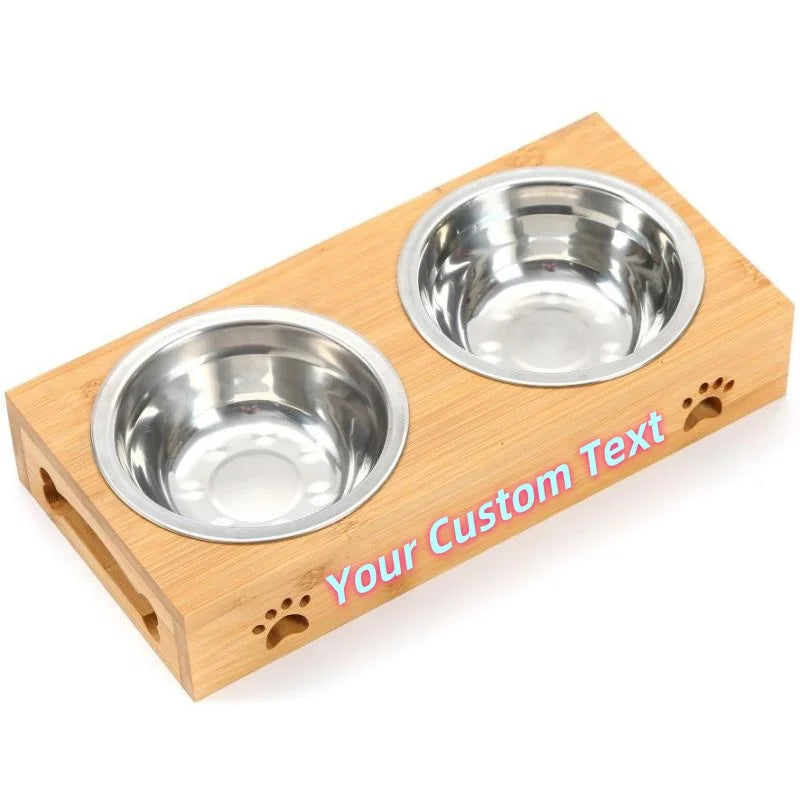 Customized Personalized Bamboo Wood Dining Table Pet Double Bowl Cat Dog Stainless Steel Food Bowl Anti Knockover Pet Supplies