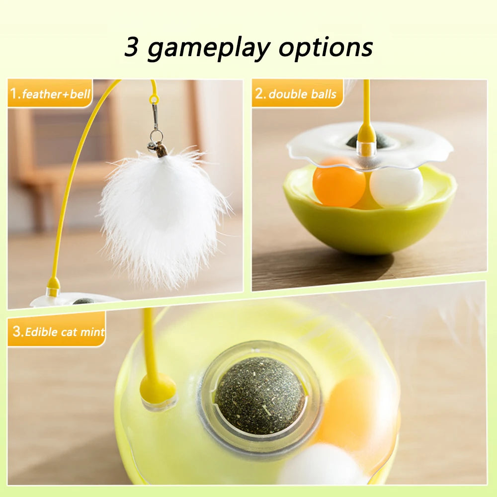 Funny Tumbler Toys for Cat Bite Resistant Removable Turntable Plush Feathers Cat Toy Interactive Cat Teasing Stick with Cat Mint