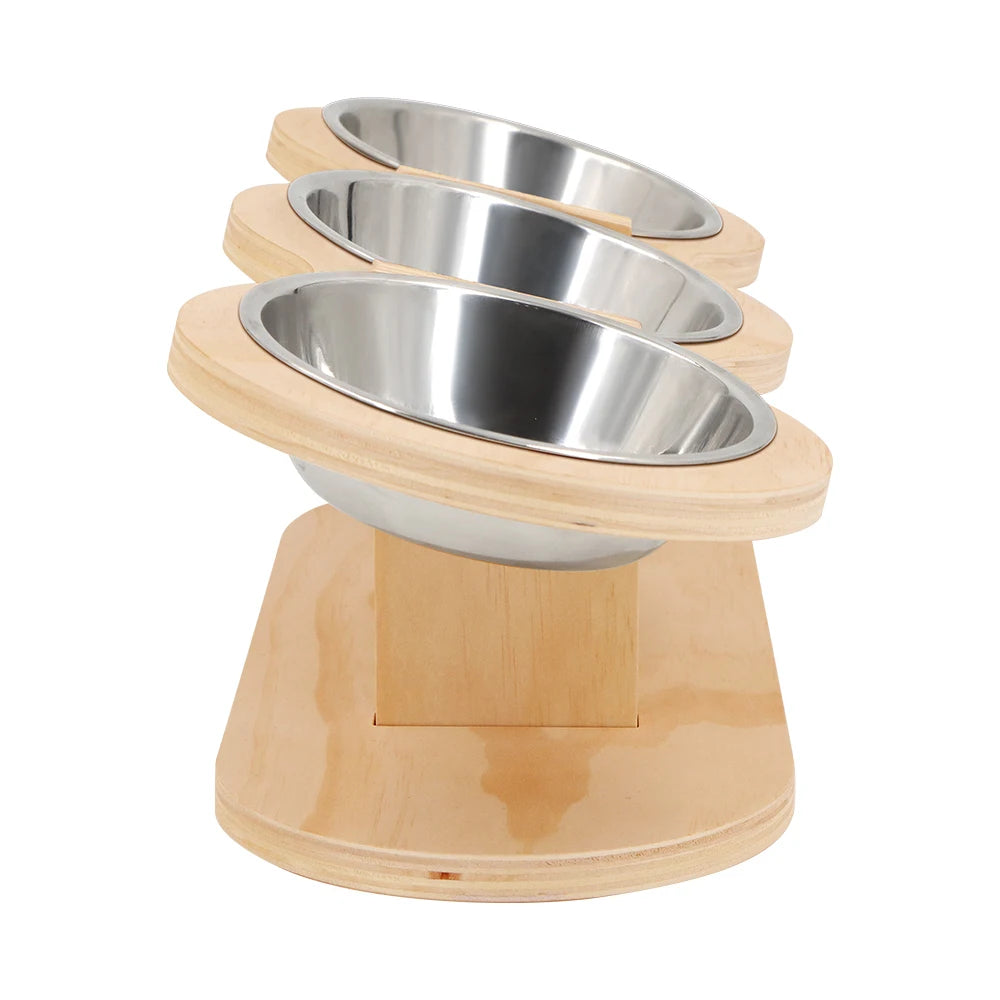 Cat 3 Bowls in 1 Feeder Feeding & Watering Supplies Food Bowl 15-Degree Tilt Raised Puppy 3 Stainless Steel Bowls Wood Brackets
