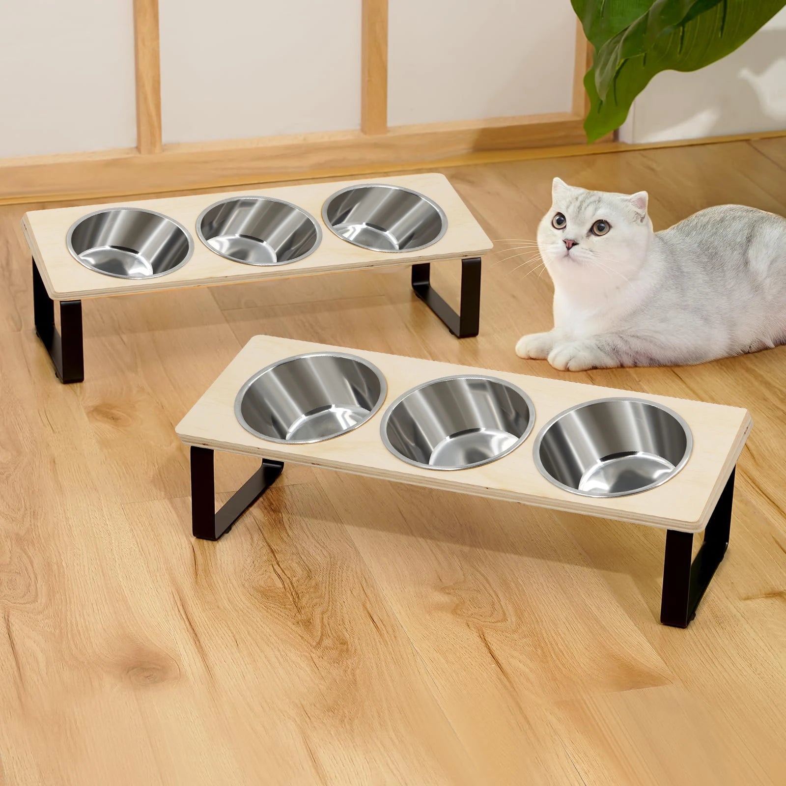 Elevated Cat Bowls with 3 Stainless Steel Bowls 15° Tilted Anti-Vomiting Raised Cat Food Bowl for Small Cats Puppies Accessories
