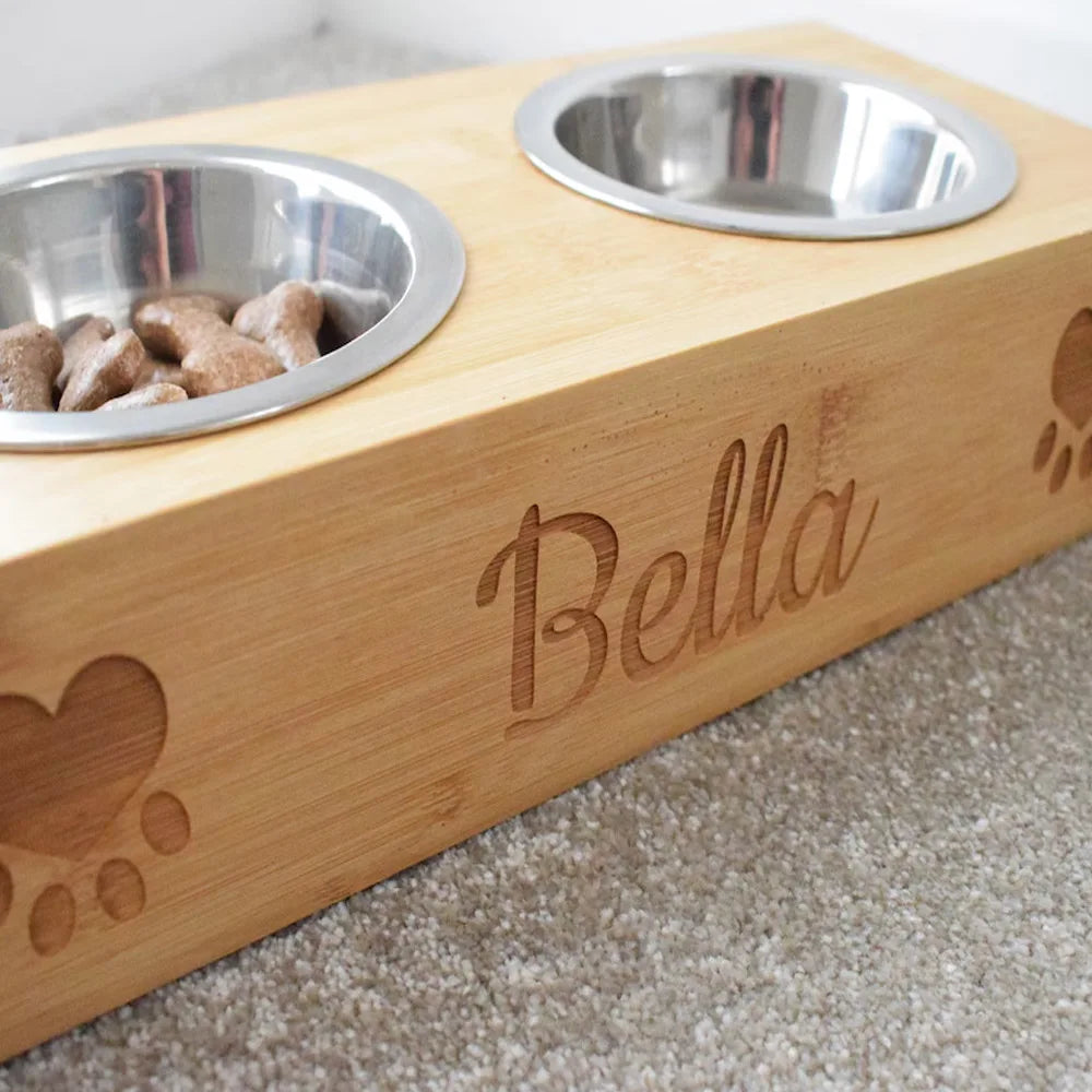 Customized Personalized Bamboo Wood Dining Table Pet Double Bowl Cat Dog Stainless Steel Food Bowl Anti Knockover Pet Supplies
