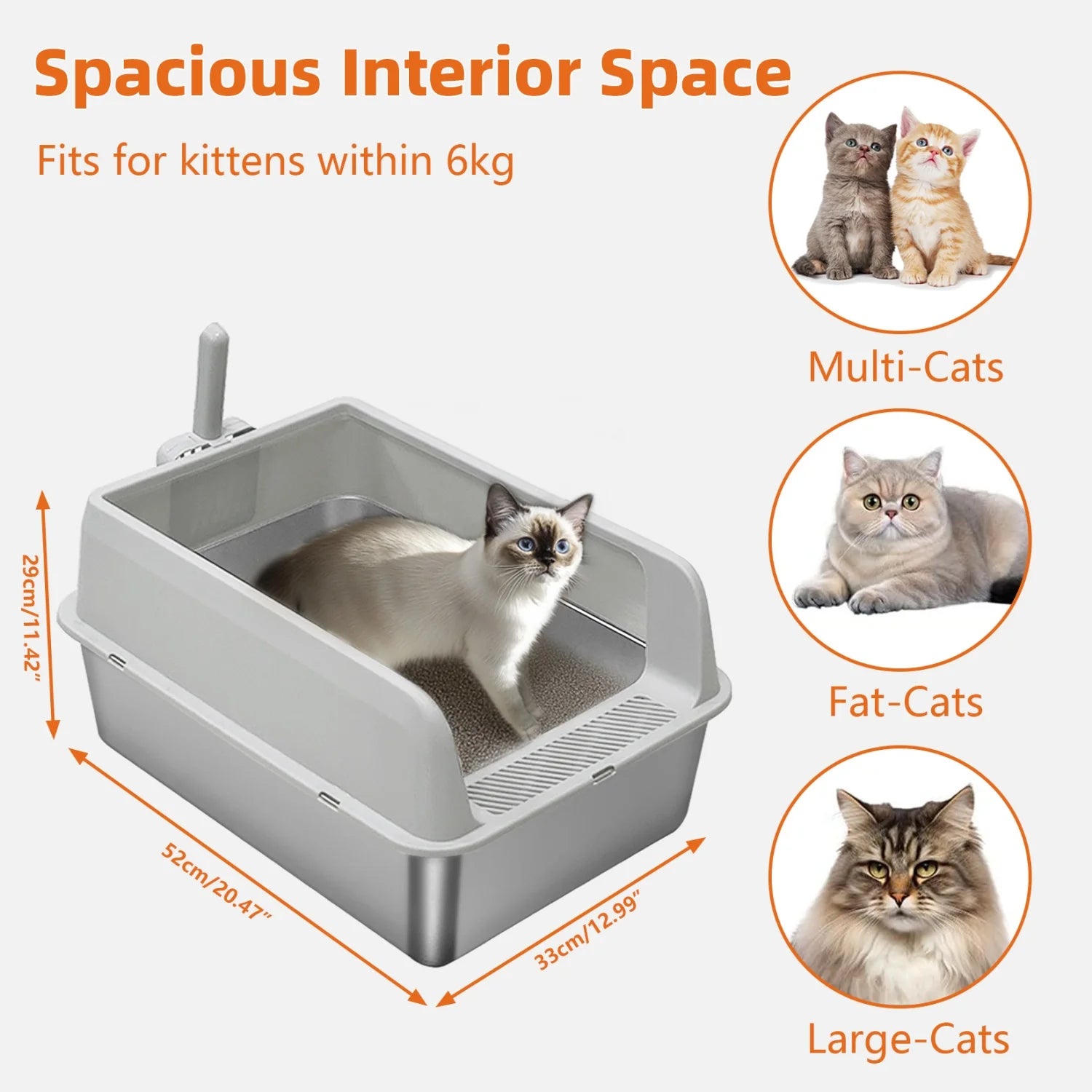 Large High-Sided Stainless Steel Cat Litter Box with Spoon for Small to Medium Sized Kittens Open Cats Litter Pan Easy Clean