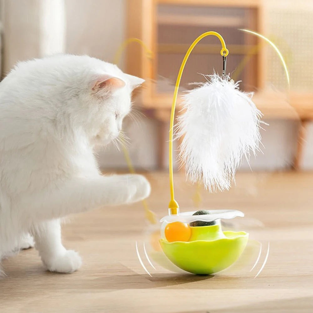 Funny Tumbler Toys for Cat Bite Resistant Removable Turntable Plush Feathers Cat Toy Interactive Cat Teasing Stick with Cat Mint