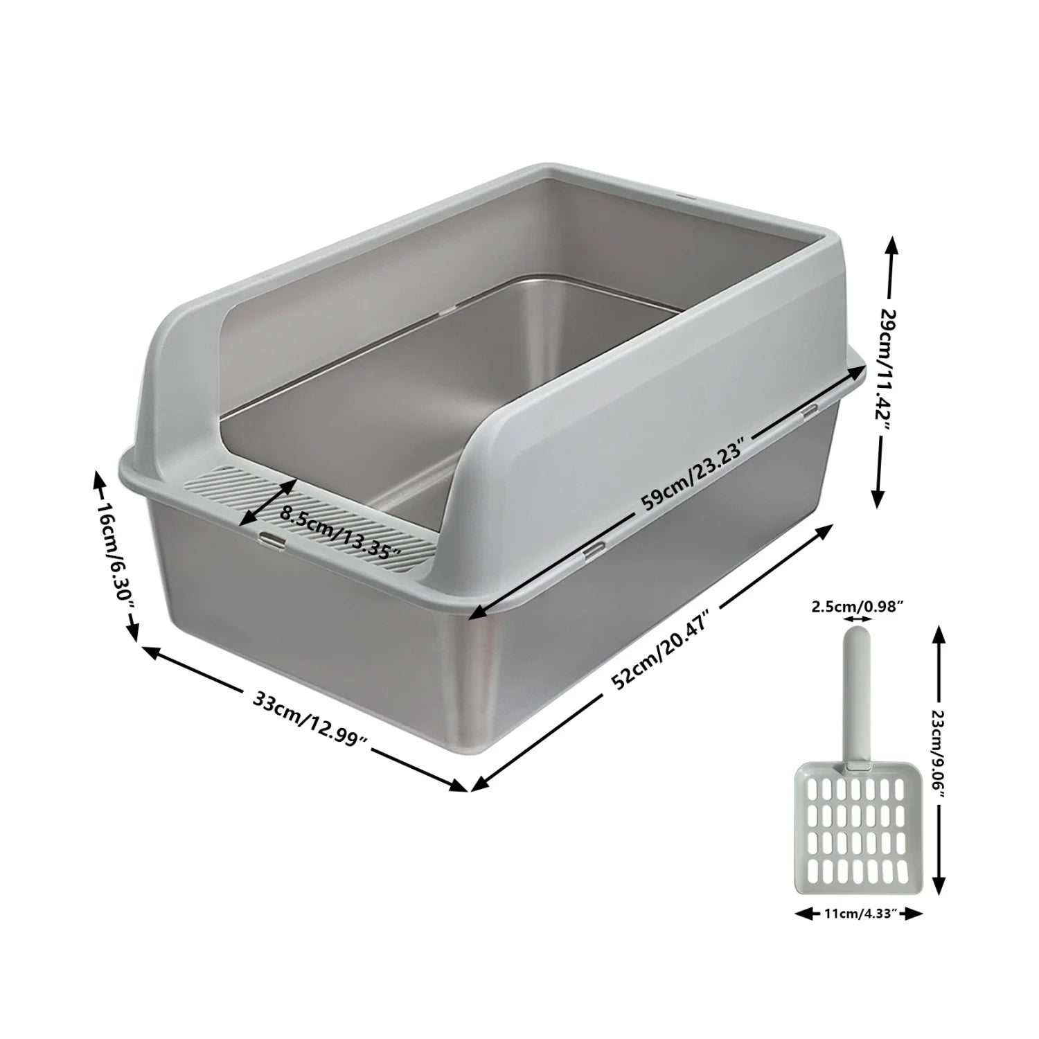 Large High-Sided Stainless Steel Cat Litter Box with Spoon for Small to Medium Sized Kittens Open Cats Litter Pan Easy Clean