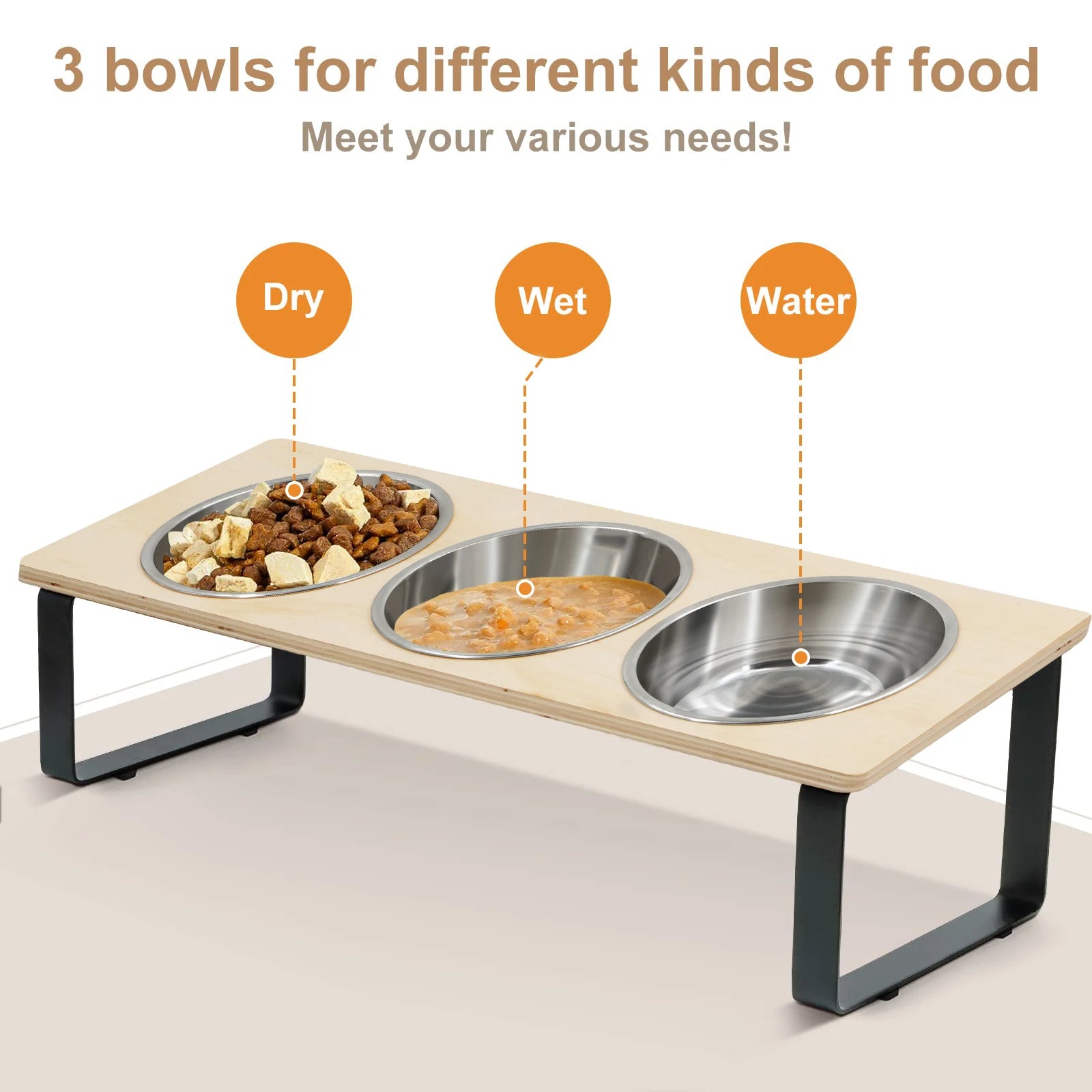Elevated Cat Bowls with 3 Stainless Steel Bowls 15° Tilted Anti-Vomiting Raised Cat Food Bowl for Small Cats Puppies Accessories