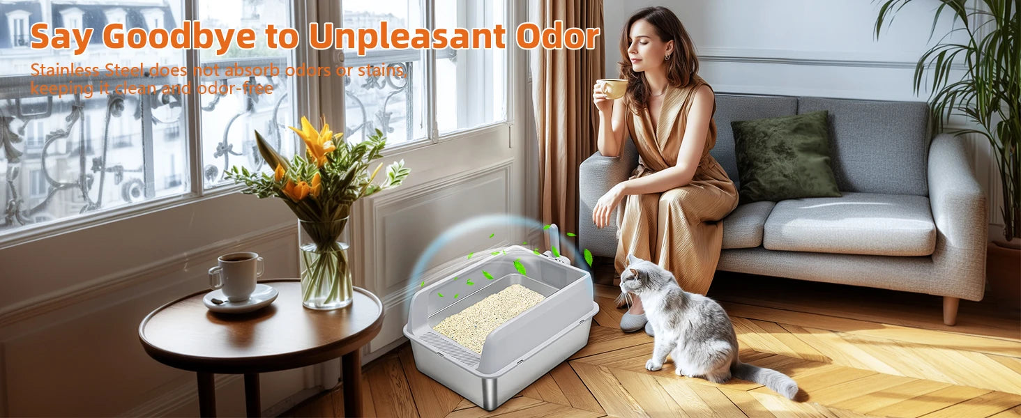 Large High-Sided Stainless Steel Cat Litter Box with Spoon for Small to Medium Sized Kittens Open Cats Litter Pan Easy Clean