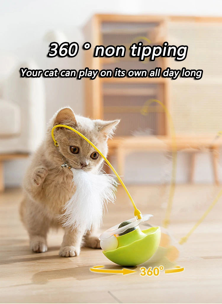 Funny Tumbler Toys for Cat Bite Resistant Removable Turntable Plush Feathers Cat Toy Interactive Cat Teasing Stick with Cat Mint