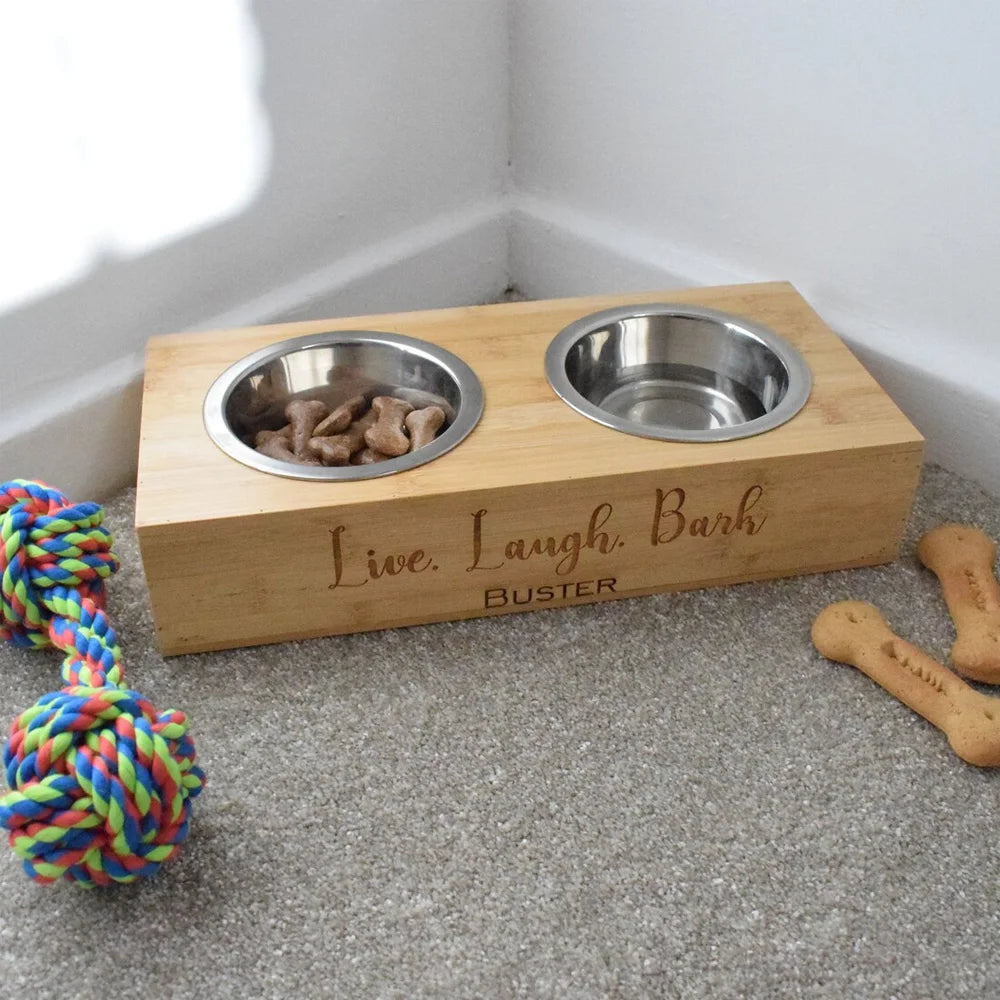 Customized Personalized Bamboo Wood Dining Table Pet Double Bowl Cat Dog Stainless Steel Food Bowl Anti Knockover Pet Supplies